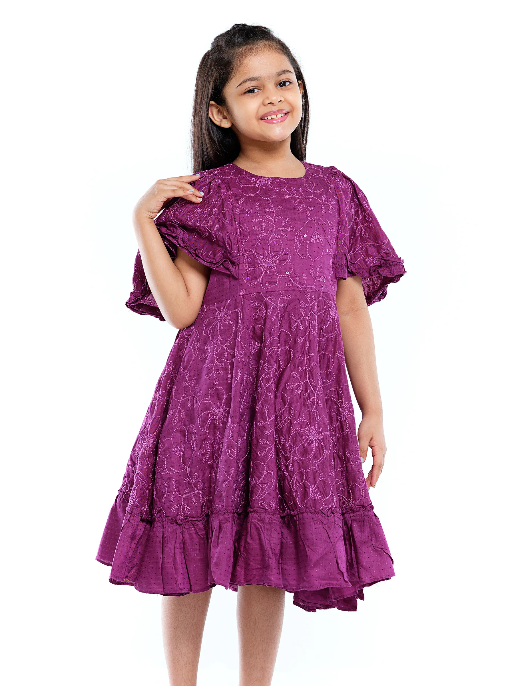 Purple Embroidered Mixed Cotton Party Frock
